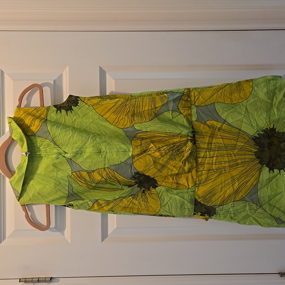 Vintage Drop Waist Dress M Green Print Floral Collared Sleeveless Belt Tunic - Picture 3 of 9
